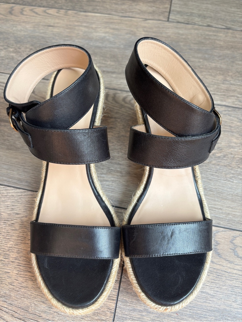 Stuart Weitzman Lexia Espadrille Leather Ankle Strap Black Wedge Sandal Sz 8 - Picture 3 of 16